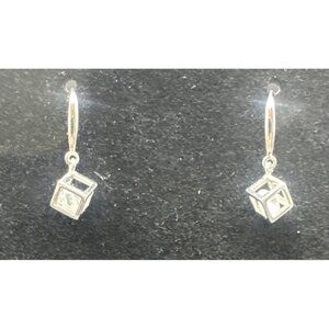 925 Sterling Silver Clear Crystal Cube Dangle Hook Earrings